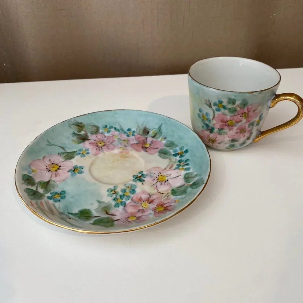 Artist Signed F.A.F Hand Painted Cherry Blossom Cup & Saucer‎ 3